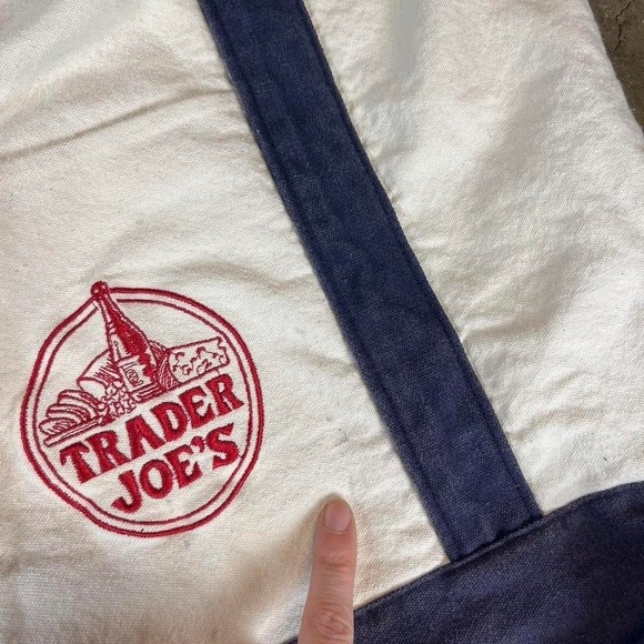 Trader Joes Canvas Tote Bag Navy Blue Cream Red Embroidered Logo Reusable Market - Picture 4 of 6
